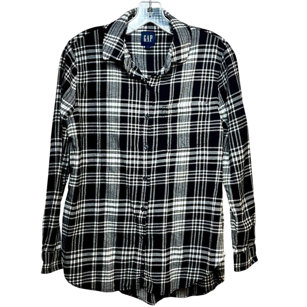 Gap Women's Small Flannel Shirt Black White Plaid L/S 100% Cotton Standard Fit